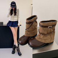 Bottes mi-mollet souples pour femmes, bout rond, semelle plate, boucle, sangle tressée, bottes de style western, 2 couleurs