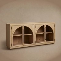 Buffet d'entrée de luxe en chêne américain moderne, meuble TV 4 portes avec verre cintrée, credenza authentique en bois massif