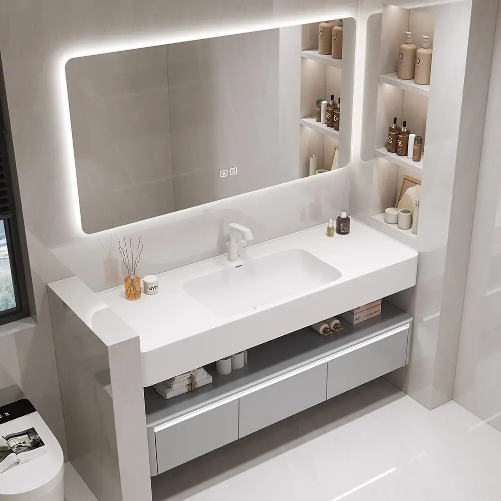 Juego de mueble de tocador de baño moderno de lujo para colgar en la pared, mueble de baño con espejo y lavabo