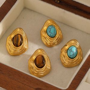 Geometric <b>Stud</b> <b>Earrings</b> With Natural Stone Bezel Setting Stainless Steel For Women Irregular Folds Design - Product Image 3