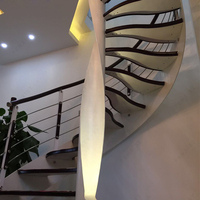 Escalier en colimaçon moderne préfabriqué en acier inoxydable 304/316 pour extérieur, avec marches en bois massif, garde-corps en verre/câble et éclairage LED intégré pour les marches