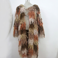Cardigan long décontracté pour femme, tricoté à la main au crochet, multicolore, avec franges et pompons, pour l'automne