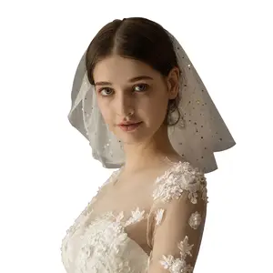 V628 Fascinators Short Marriage Bridal Veil Two-Layer Soft Tulle Stars Sequins Pearl Beaded White Wedding Bride Veil with Comb