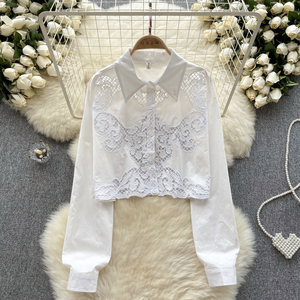 Camisa de Mujer de Manga Larga con Rayas, Estilo Lujoso y Ligero, con Detalle de Encaje y Corte Recortado a la Moda - Product Image 2