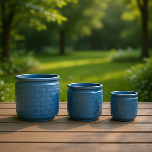 Juego de 3 Macetas de Cerámica Mdj, Redondas, con Patrón Geométrico Azul, para Interiores y Exteriores, para Hogar y Jardín, Estilo Moderno - Product Image 2