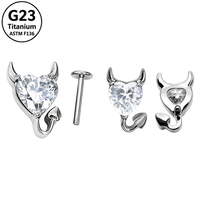 Piercing Gothique en Titane ASTM F136, Clou Labret à Dos Plat avec Cœur de Diable et Zircon Cubique, Fileté 0,9 mm, pour Hélix, Tragus, Cartilage