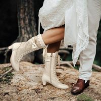 Botas victorianas Vintage para mujer, botas de boda de encaje para novia, traje de cremallera a media pantorrilla, botas de vestir de tacón medio renacentistas