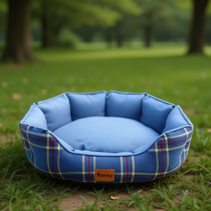 Cuccia in Lino Blu con Design a Quadretti a Sette Angoli per Animali Domestici - Product Image 3