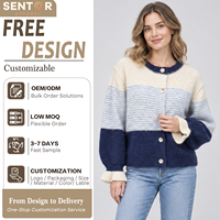 Cardigan en maille élégant pour femme, à blocs de couleur et rayures, col rond, boutonnage frontal, poignets à volants et manches bouffantes, style décontracté, faible MOQ