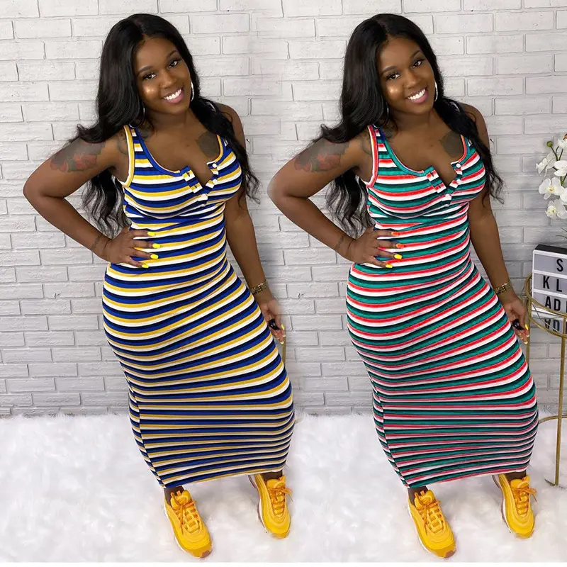 Women Casual Dress Boutique Plus Size Clothing Women Tank Dress Stripe U Neck Maxi Sun Dress