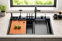 Évier de cuisine Handsons fait main, moderne, grand, à cuve unique, en acier inoxydable brossé 304, multifonctionnel, pour légumes, à poser sur comptoir