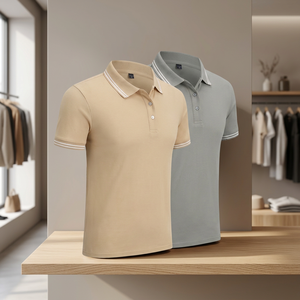 Polo en coton à manches courtes pour homme, couleur unie, respirant, tricoté, style décontracté, coupe classique, options beige et gris - Product Image 2