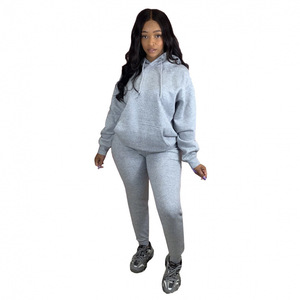 Ensemble deux pièces pour femmes CN116, coupe ajustée, à capuche, couleur unie, avec vêtements de course en polaire pour les sports d'automne et d'<span class=keywords><strong>hiver</strong></span> - Product Image 2