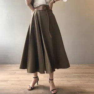 Autumn Fashion Stylish Women Custom Solid Brown A-line Casual Midi Skirt Office Wear Classic High Waist Long Cozy Pleated Skirt