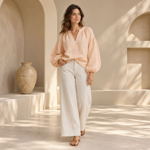 Blusa Sencilla Tejida Color Durazno para Mujer, Cuello en V, Manga Abullonada, Detalle Fruncido, Puño Elástico, Ropa Casual Elegante al por Mayor - Product Image 1