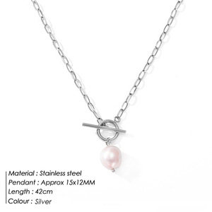 Collier en acier inoxydable perlé pas cher R.GEM. Chaîne à maillons personnalisée tendance avec boucle OT, perles baroques naturelles d'eau douce, vente en gros, cadeau - Product Image 5