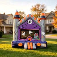 Casa de Brinco Inflable de Grado Comercial con Estampado de Bruja Morada y Luna, Casa de Juegos Inflable con Fantasmas y Murciélagos para Alquiler en Fiestas de Halloween