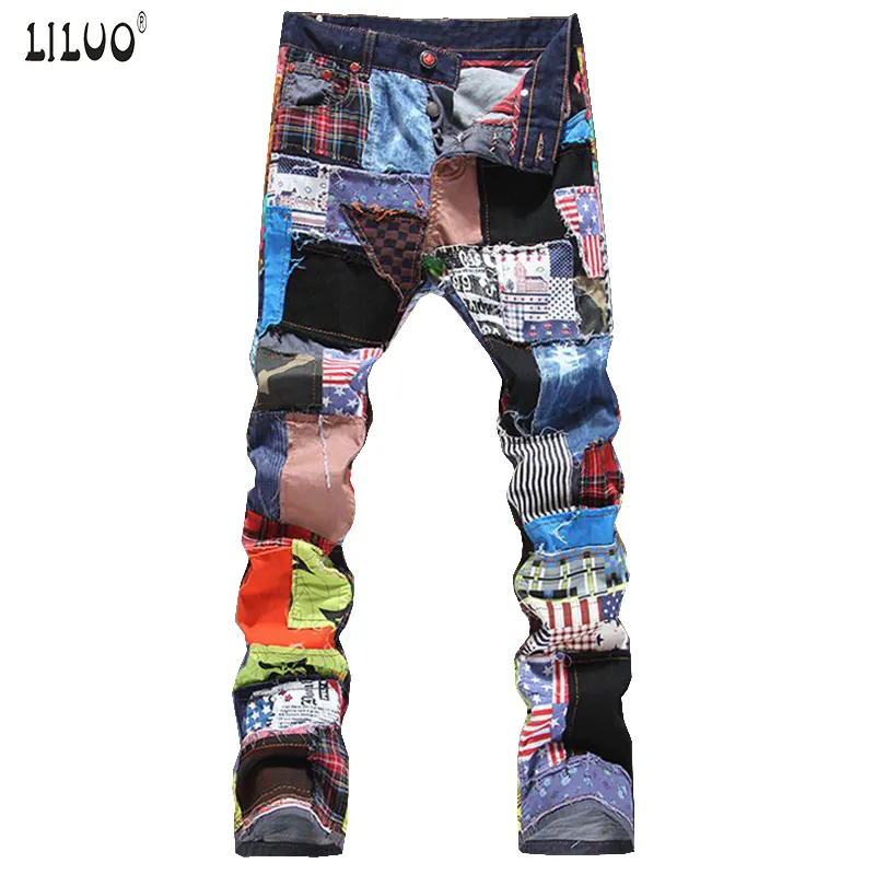 LILUO Men's patchwork spliced ripped denim jeans Male fashion slim colored patch buttons fly straight pants Free shipping