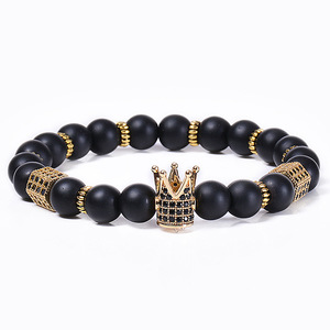 2021 New 8 mm <strong>Black</strong> Frosted Stone <strong>Beaded</strong> Gold Plated CZ Crown Charm Bracelet Adjustable White and <strong>Black</strong> Zircon Couples Bracelets - Product Image 2