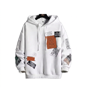 Sudadera con Capucha Blanca Extra Grande para Hombre, Estampado de Patchwork, Estilo Urbano, Corte Regular, Tejido de Algodón, Estilo Otoñal - Product Image 3