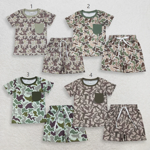 Ensembles d'été pour bébés garçons : T-shirts à manches courtes motif cerf et canard, et shorts à poches camouflage – Tenues de chasse pour enfants - Product Image 1