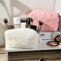 Trousse de maquillage mignonne en peluche rose blanche trousse de toilette organisateur de pinceaux de maquillage moelleux trousse de maquillage gonflée pour femmes