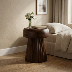 Solid <b>Wooden</b> <b>Bedside</b> End Table Handcrafted Fluted Round Nightstand <b>Lamp</b> Table Dark Brown Accent Furniture for Home Decor - Product Image 4