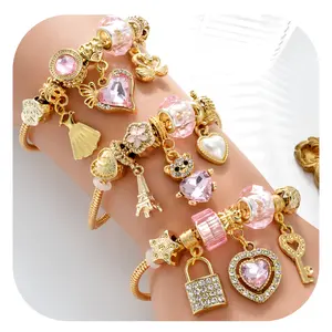 Fashion wholesale 18k Gold Plated Zircon Cute cartoon Key Heart Stainless Steel Adjustable Bead Charm Bracelet Women