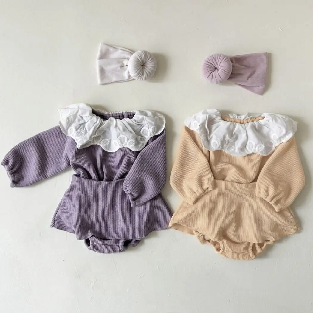 Q31201 Bio-Baumwolle Baby Rüschen Manschette gerippt gestrickt Rauch Sweatshirt & Shorts Neugeborene 2 Stück Bluse Bloomers Set