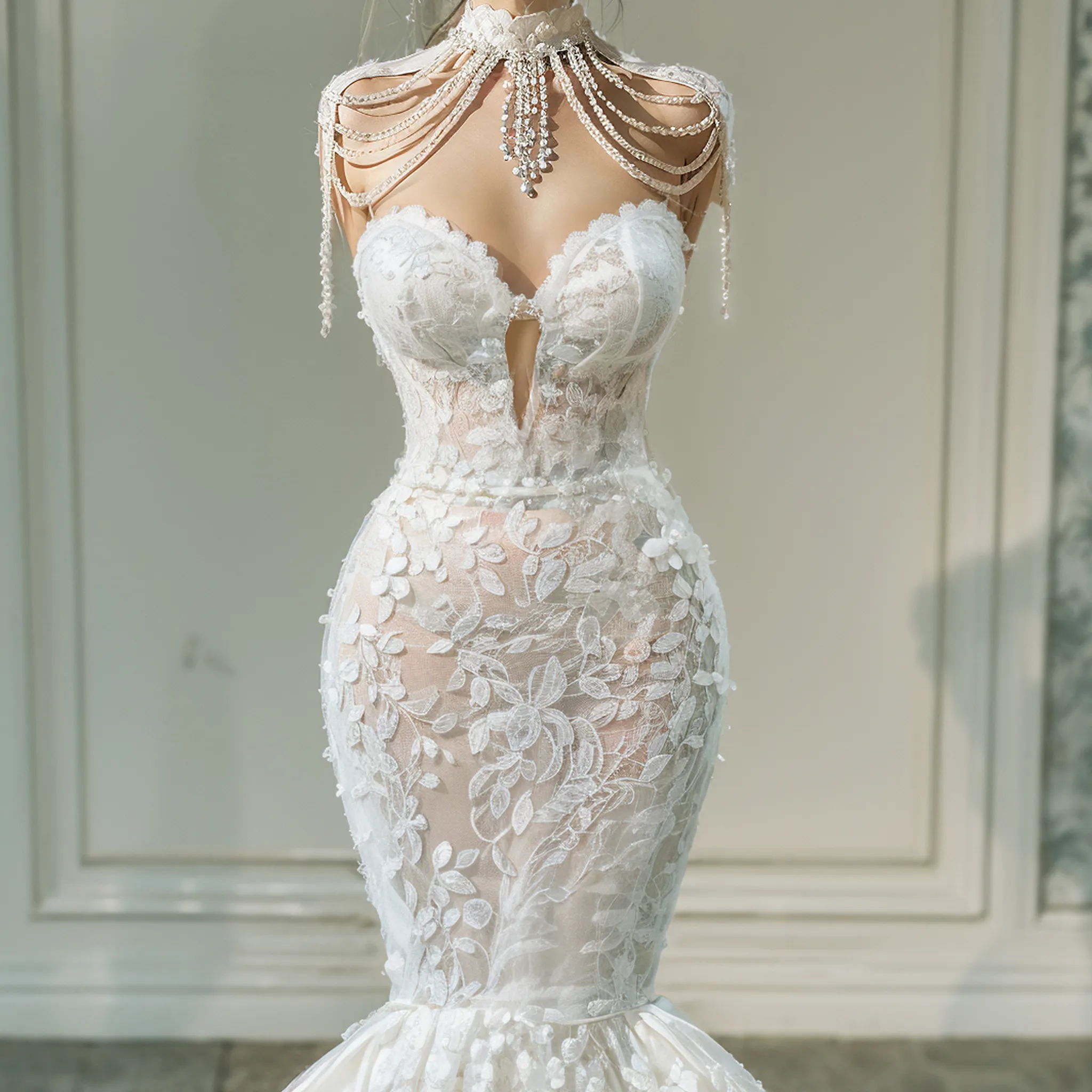 Düğün elbisesi prenses püsküller sheer boyun gelinlikler yüksek mermaid düğün elbisesi custom made kolsuz dantel aplikler vestido