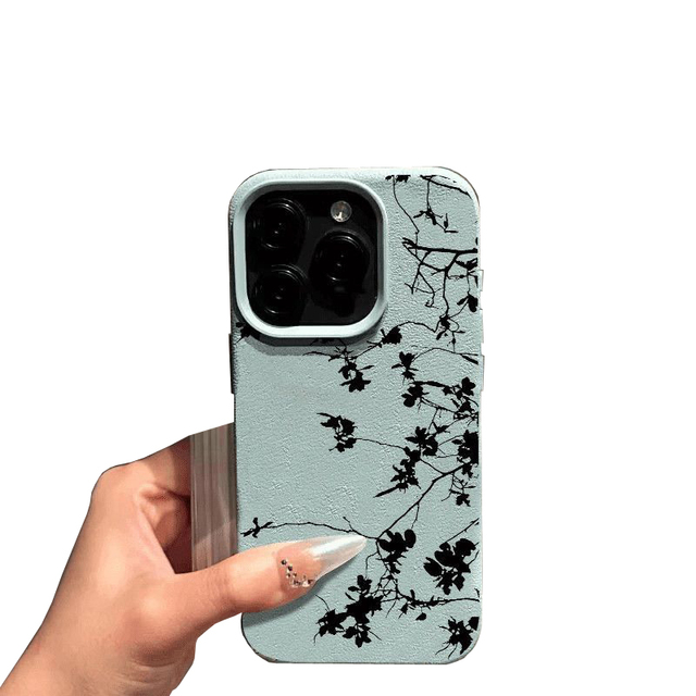 Classic Ink Black Tree Leaf Printing Leather Pattern TPU Mobile Phone Cover Case for Iphone X Xr 11 12 13 14 15 16 17 18 Pro Max