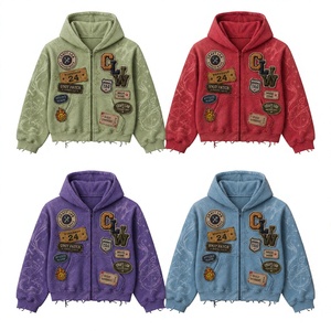 Sudadera con capucha pesada OEM con cremallera, de algodón y felpa, con efecto desgastado, bordes sin rematar, aplique de letras, estilo urbano, personalizada para hombre - Product Image 3