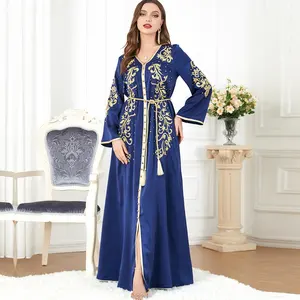 Factory Woman Elegant Casual Floral Embroidery Beaded Long Sleeve Muslim Dresses Party Belted Kaftan Modest Clothing Ramandan
