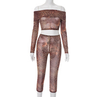 Ensemble d'été 2 pièces Sexy Leopard Print Mesh Off Shoulder Crop Top Cropped Pants Women Matching Sets