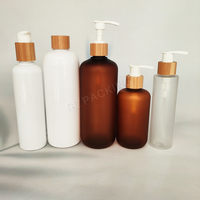 Botol Pompa Sampo Plastik PET Putih Matte 500ml dengan Tutup Bambu untuk Kosmetik Emulsi Bening Berlapis Embun, Sablon, Pembersih Wajah