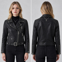 Jaket Kulit Motor Wanita Gaya Gothic Mewah Gelap Tebal dengan Ritsleting Diagonal, Distressed Vintage, Tahan Air, Katun Nilon ODM