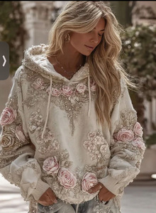 <span class=keywords><strong>Felpa</strong></span> con Cappuccio Personalizzata in Stile Boho per Donne, con Applicazioni Floreali 3D, Perline Ricamate, Lavaggio Acido, Cotone Effetto Vissuto, Vestibilità Ampia - Product Image 2