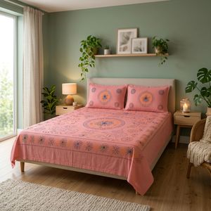 Heritage Pink Nakshi Kantha Quilt – Handcrafted <b>Floral</b> Kantha <b>Bedspread</b> - Product Image 5