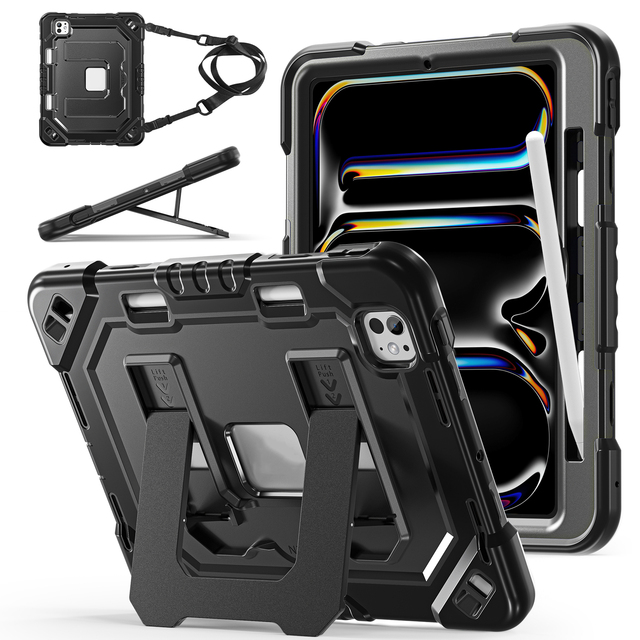 Heavy Duty Hybrid Rugged Cover Protection Tablet Case for iPad Pro 11 M4 M5 2024/2025 with Pen Slot and Stand