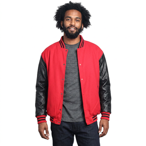 Veste universitaire en laine personnalisée pour homme, en cuir véritable avec col montant, broderies noires et rouges, étiquettes pour homme et femme - Product Image 1