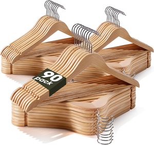 Paquete de 90 Perchas de Madera Resistentes, Perchas de Madera Maciza para Ropa con Barra para Pantalones, Gancho Giratorio de 360 Grados, Diseño Delgado y Duradero, con Logotipo - Product Image 1