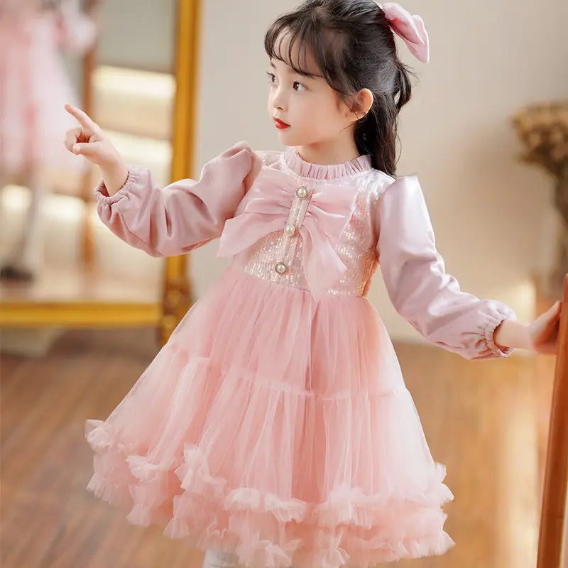 Gaun putri elegan lengan panjang rok untuk anak perempuan renda payet bunga gaun putri sampanye musim gugur anak-anak merah muda