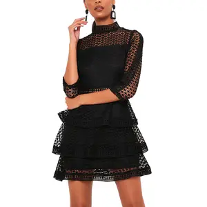 Vestido elegante de renda feminino, mini vestido casual de crochê com gola alta preta para mulheres