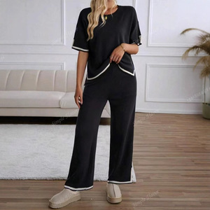 מכנסיים רחבים סרוגים עם שרוולים ארוכים, בגזרה גבוהה, בצבעים אלגנטיים מנוגדים, בסגנון קז'ואל אופנתי, נגד קמטים, סתיו 2023 - Product Image 2