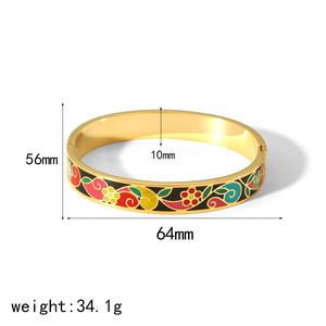 Brazaletes étnicos de moda con patrón de borde ancho de <span class=keywords><strong>Color</strong></span> esmaltado, joyería de acero inoxidable chapada en oro de 18 K para mujeres y niñas - Product Image 4