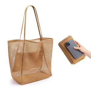 Bolso de playa de malla tipo panal de abeja plegable para mujer, bolso de hombro ligero y transpirable con bolsillo interior con cremallera para vacaciones en la <span class=keywords><strong>piscina</strong></span> - Product Image 1