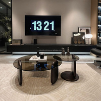 Table basse ronde de salon, design minimaliste, table basse en verre trempé, ensemble de tables basses, base en bois massif moderne