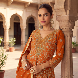Ensemble Salwar Kameez brodé orange pour femmes avec dupatta, tenue ethnique traditionnelle pour mariage Inde Pakistan - Product Image 1