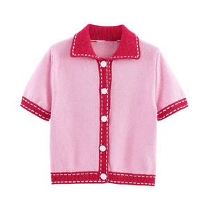 New Arrival Vintage Solid Anti-Wrinkle Wool-Lined Button-Down Collar Short-Sleeve Knit Cardigan - Product Image 1