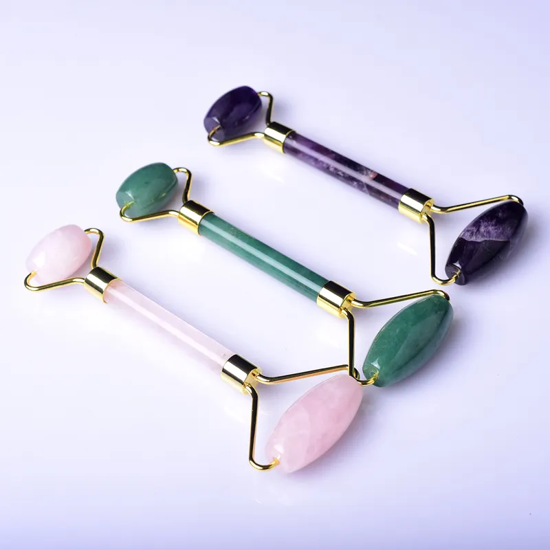 Natural Green Aventurine Stones Jade Roller for Face Double Neck Gua Sha Healing Slimming Massage Anti Aging Skin Tool